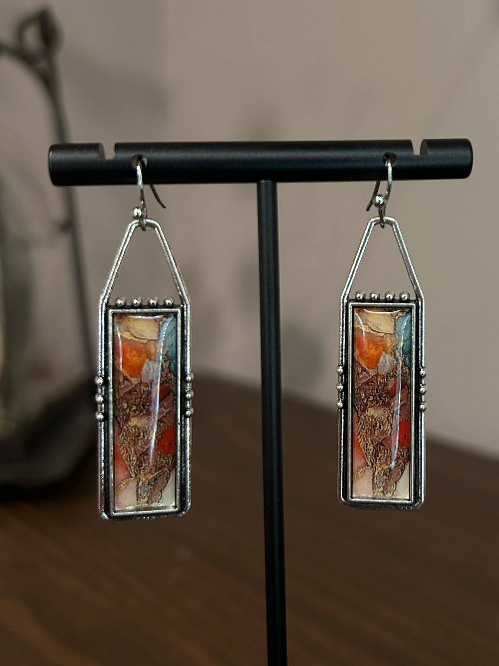 Retro Painterly Rectangle Art Glass Dangle Earrings Silver Tone